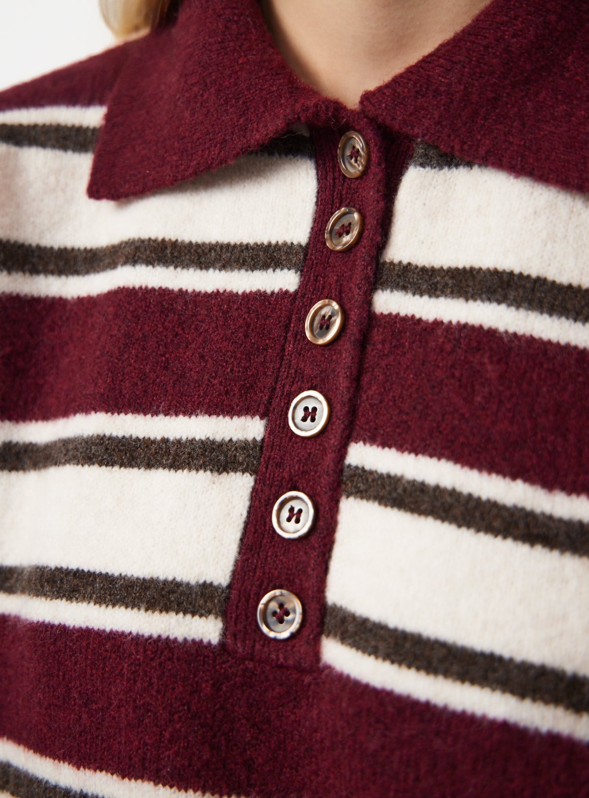 Burgundy Stripe Knitted Long Sleeve Polo Jumper S - Image 3 thumbnail